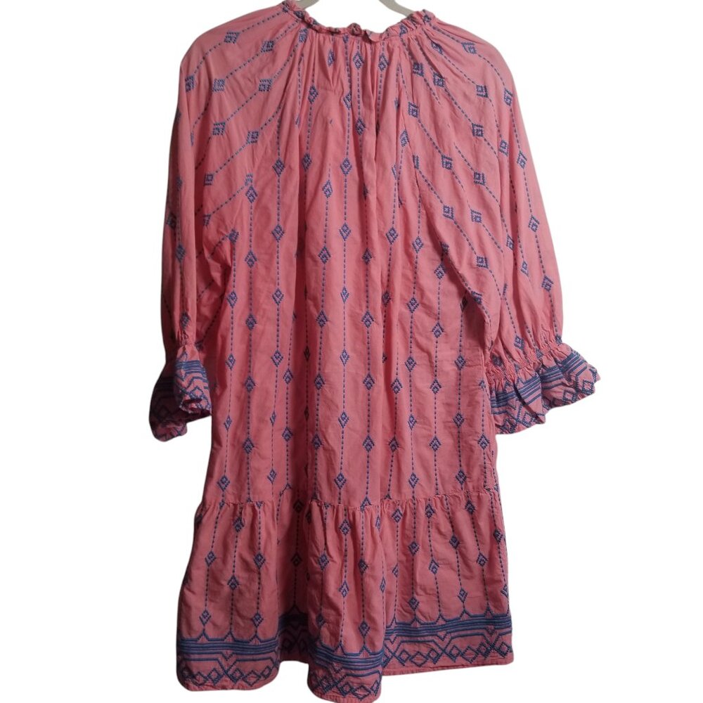 Umgee Women's Cotton Pink Blue Embroidered Mini Boho Prairie Dress Sz 1XL - Picture 2 of 6